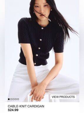 NWT Navy Short-Sleeve Cable Knit Cardigan with Silver Buttons